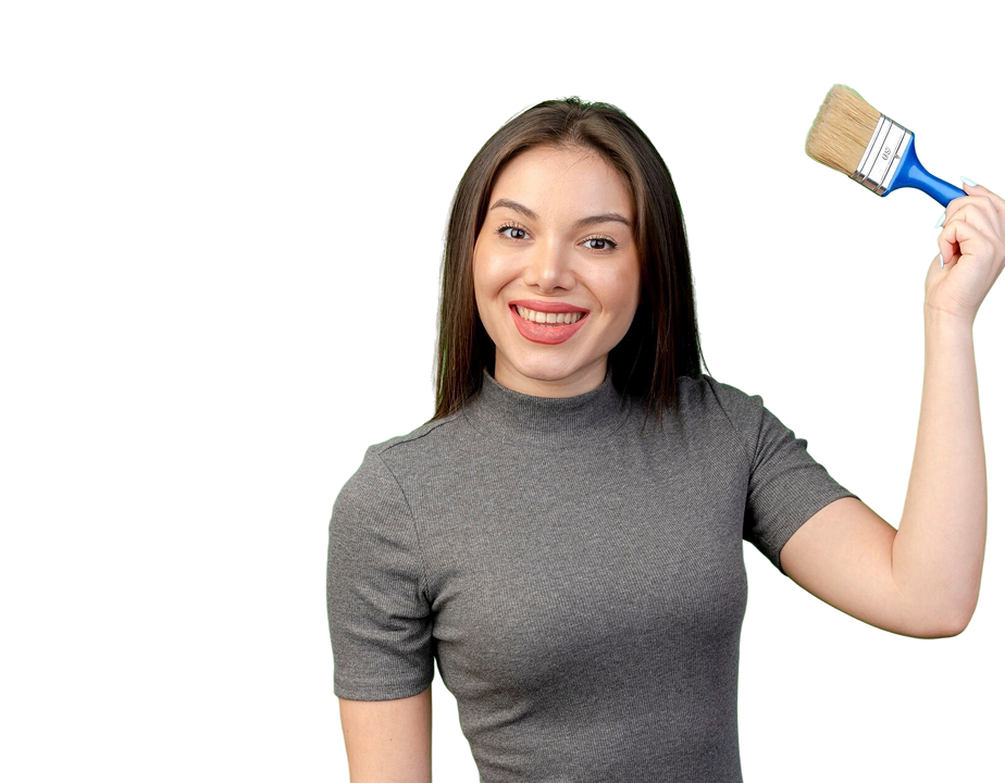 smiling young pretty woman raising up paint brush isolated green background with copy space 1